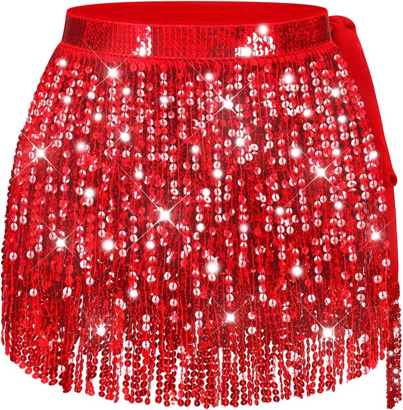 Sarfel Sequin Skirt for Women Sparkly Skirt for Women Shiny Tassel Skirts Glitter Belly Dance Hip Scarf Rave Outfit Halloween - Image 1